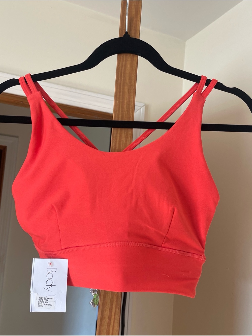 Body Up begonia, pink (looks red) sports bra, medium crisscross back padded NWT